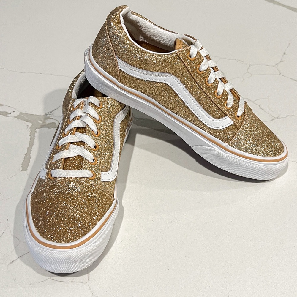 Vans Old Skool Gold Glitter Low Top Sneakers Big Girls Sz 4 Juniors